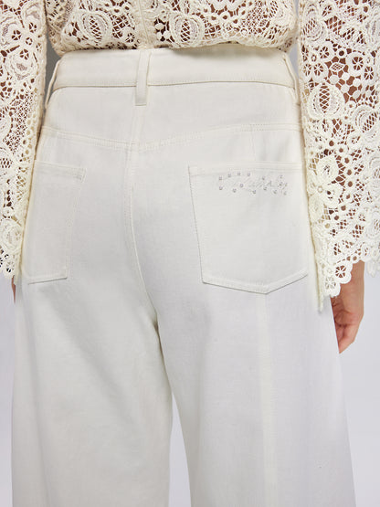 Pearl Rhinestone Denim Wide-Leg Pants