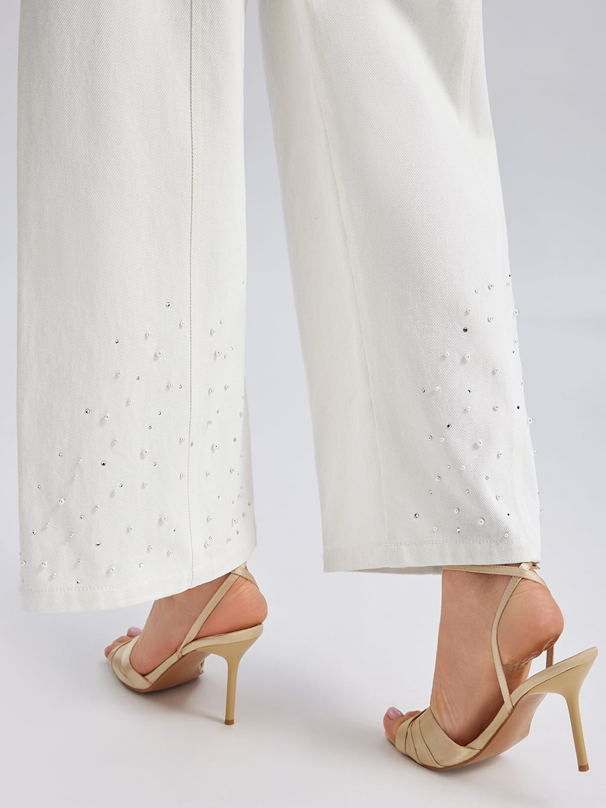 Pearl Rhinestone Denim Wide-Leg Pants