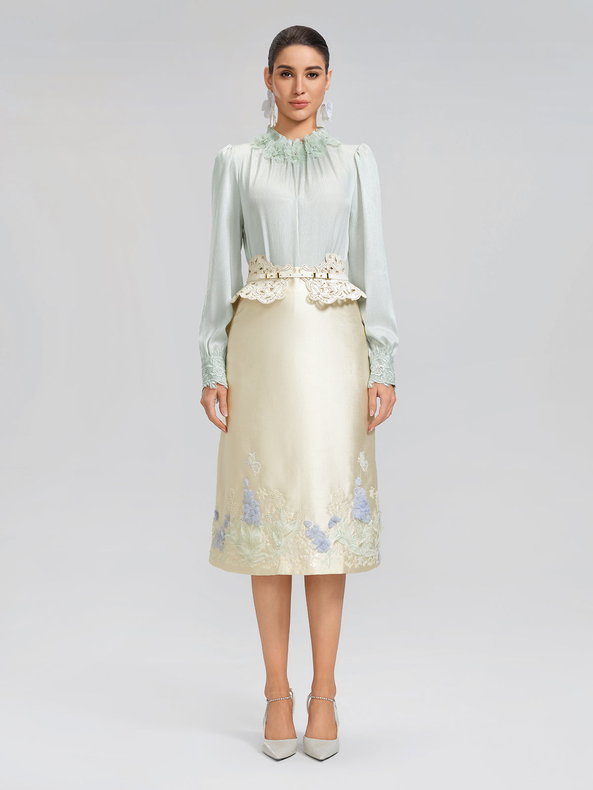 Floral Lace-Trim Puff-Sleeve Top