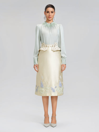 Floral Lace-Trim Puff-Sleeve Top