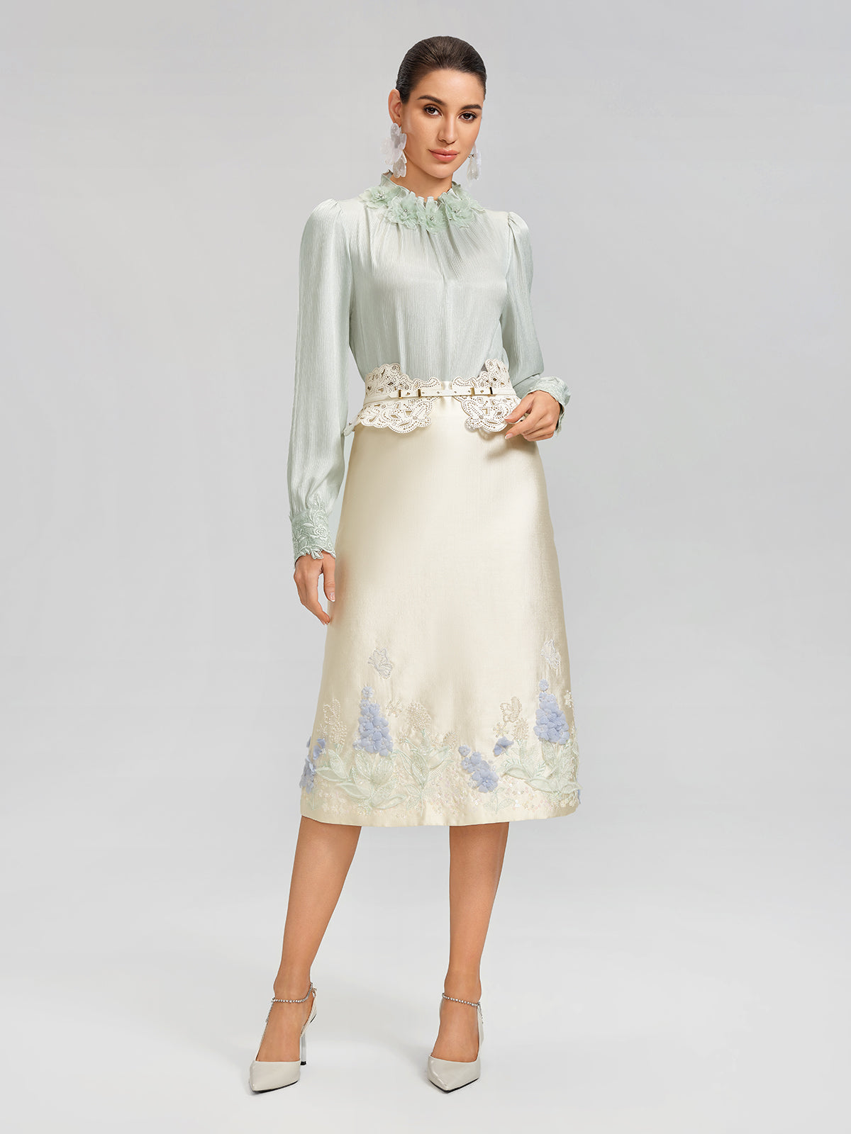 Floral Lace-Trim Puff-Sleeve Top