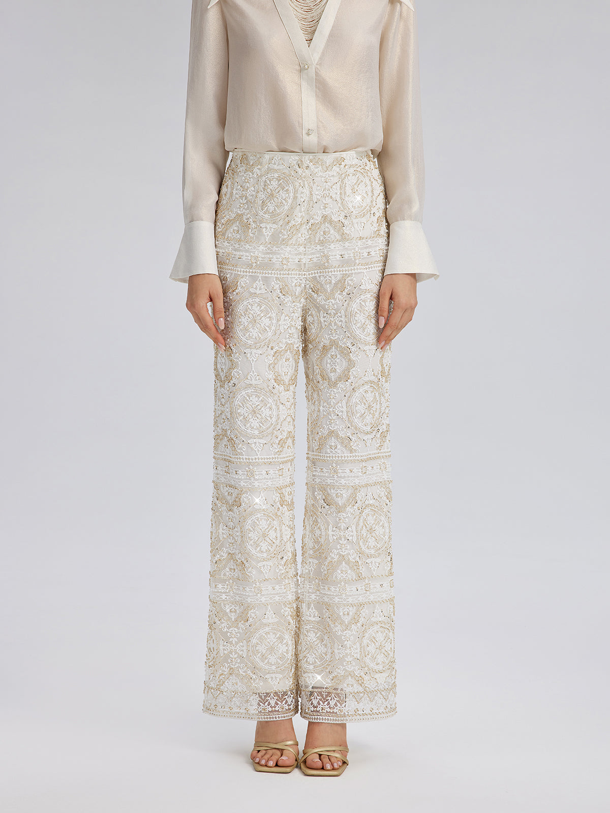 Intricately Embroidered Sequin Straight-Leg Pants