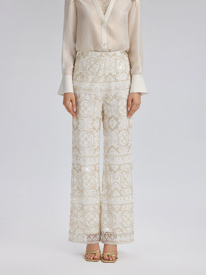 Intricately Embroidered Sequin Straight-Leg Pants