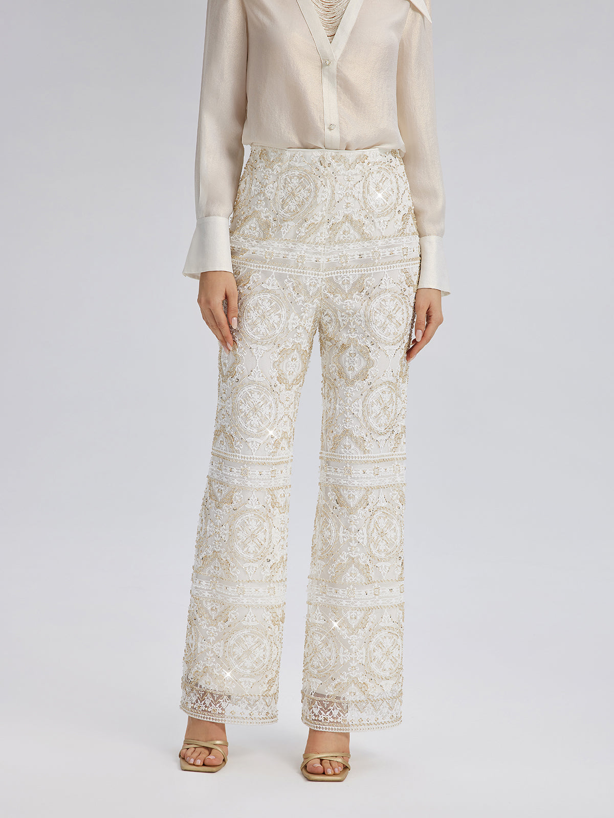 Intricately Embroidered Sequin Straight-Leg Pants