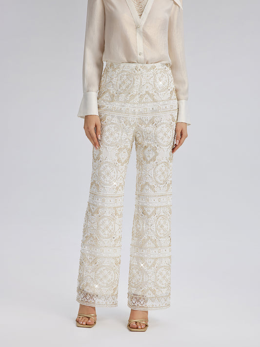 Intricately Embroidered Sequin Straight-Leg Pants