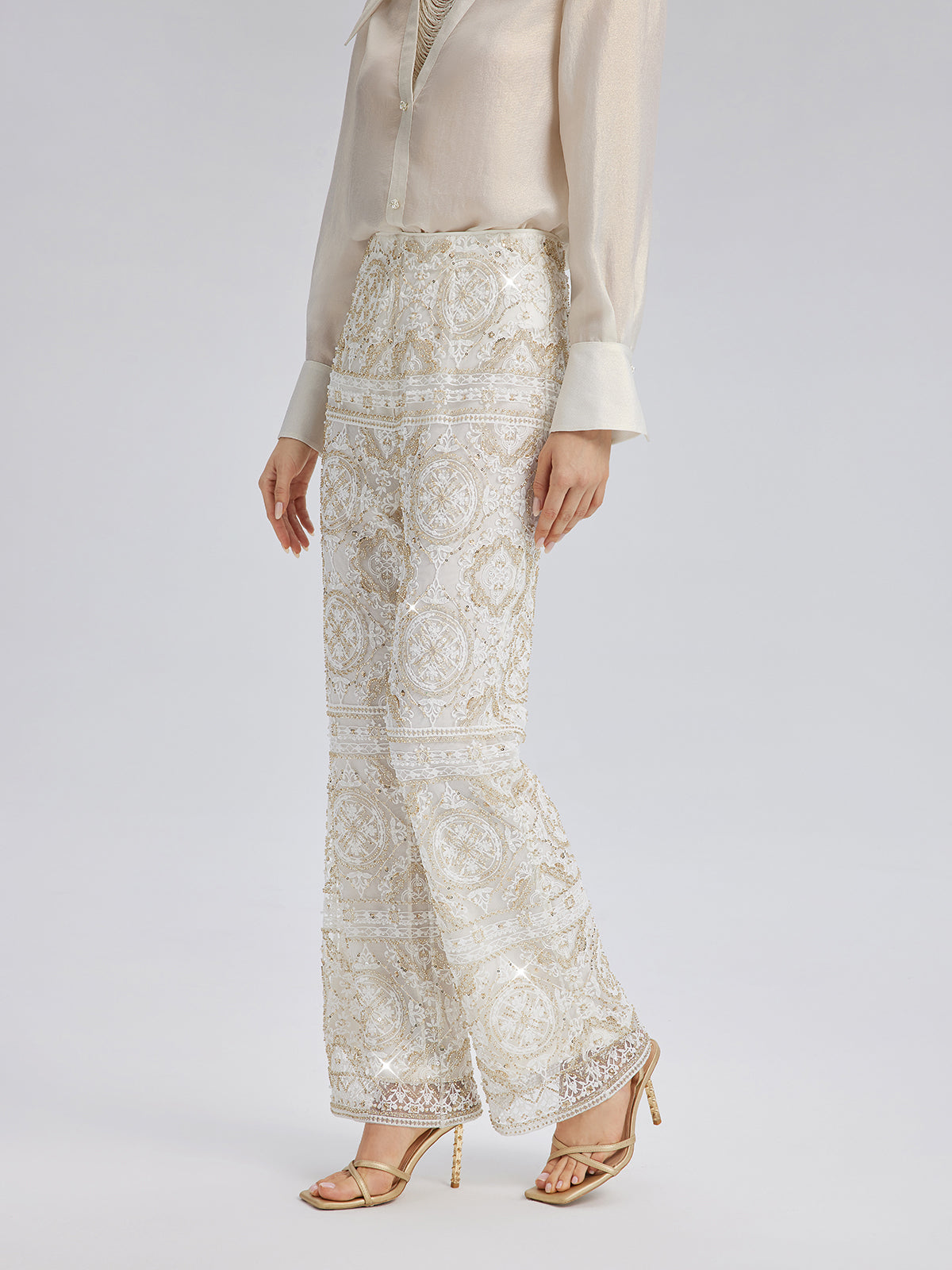 Intricately Embroidered Sequin Straight-Leg Pants