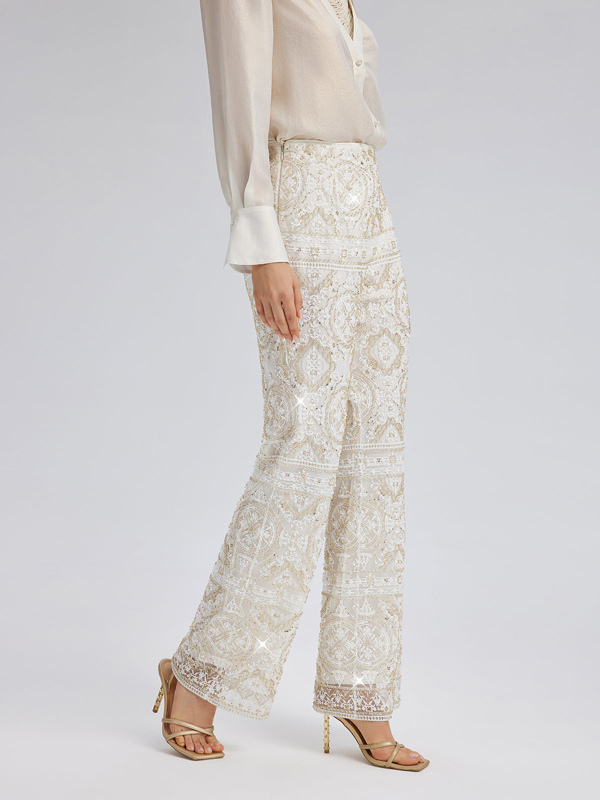 Intricately Embroidered Sequin Straight-Leg Pants