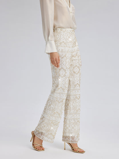 Intricately Embroidered Sequin Straight-Leg Pants