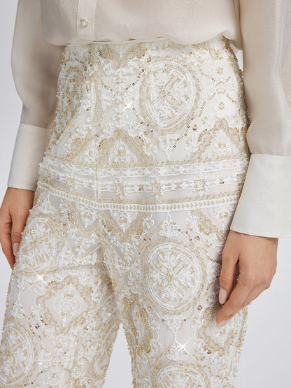 Intricately Embroidered Sequin Straight-Leg Pants