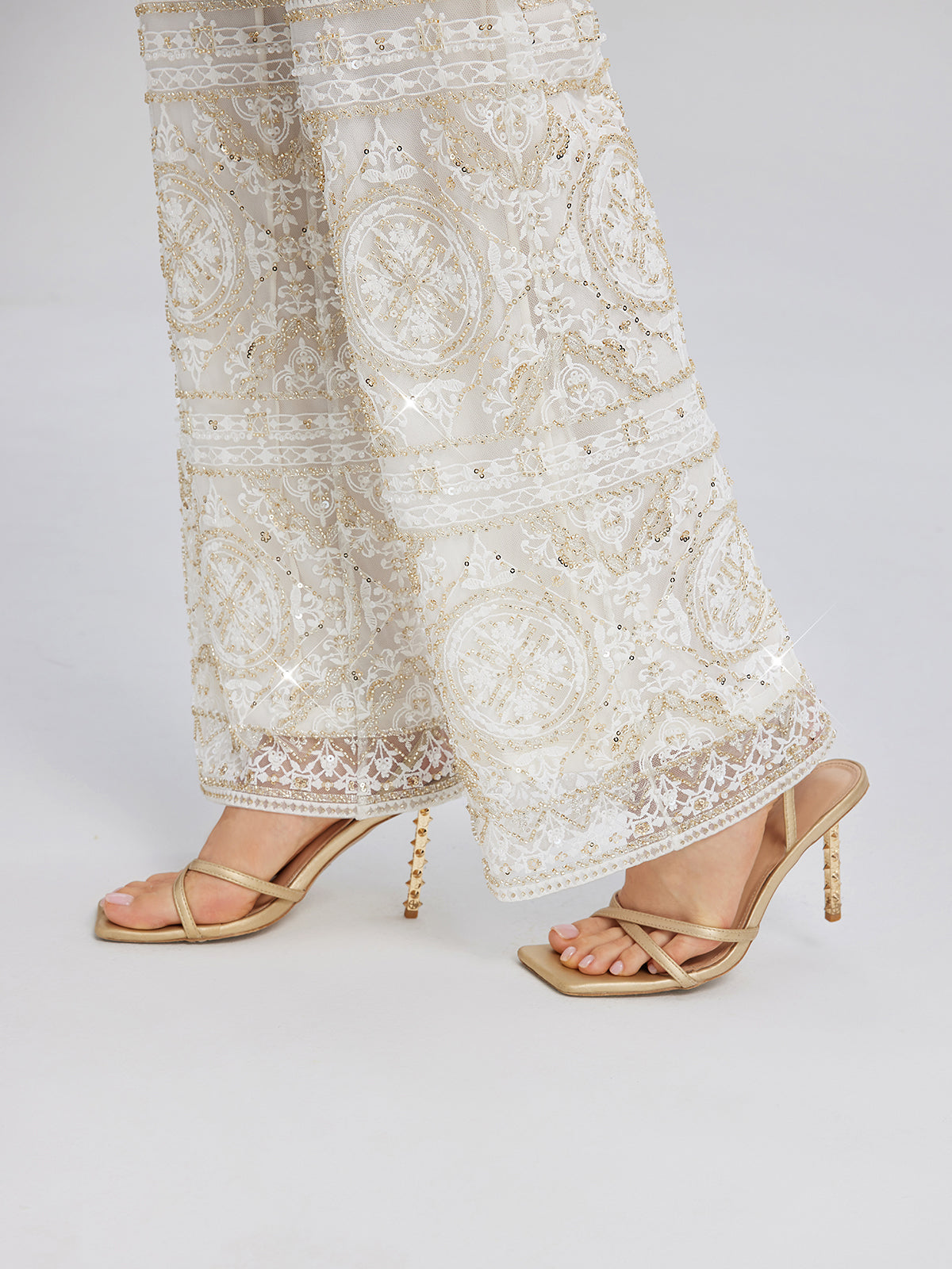 Intricately Embroidered Sequin Straight-Leg Pants
