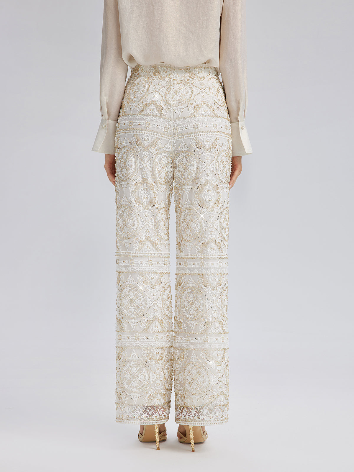 Intricately Embroidered Sequin Straight-Leg Pants