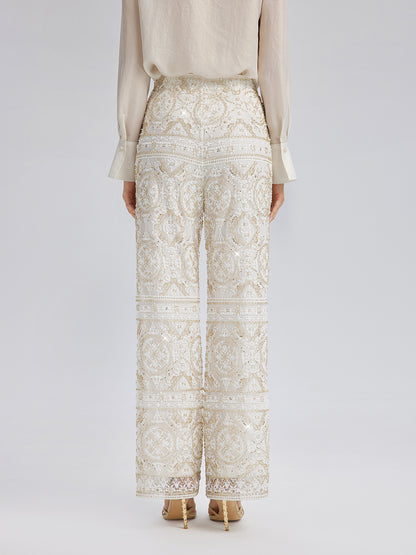Intricately Embroidered Sequin Straight-Leg Pants