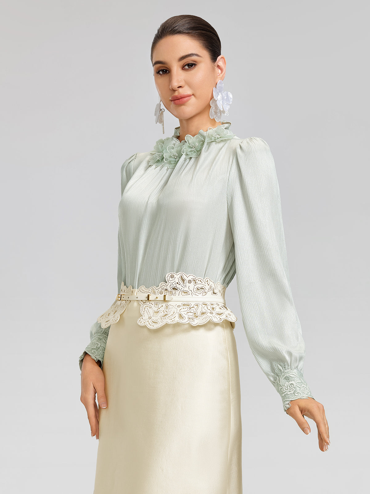 Floral Lace-Trim Puff-Sleeve Top
