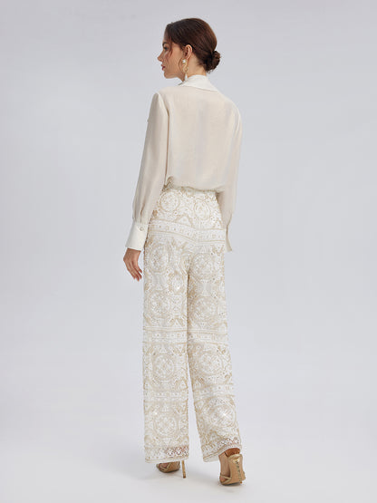 Intricately Embroidered Sequin Straight-Leg Pants