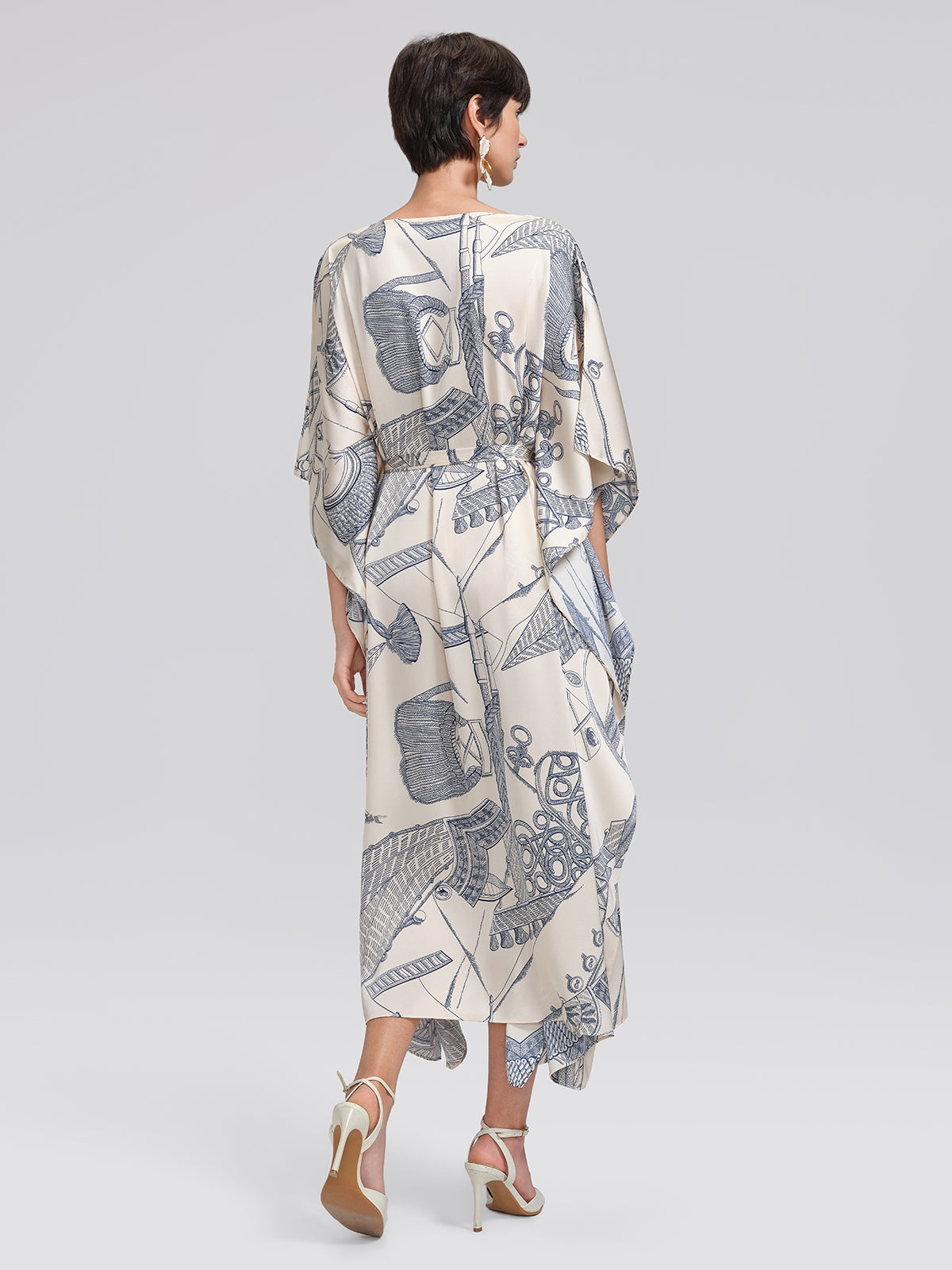 Acetate Satin Nautical Print Dress(Waist Tie Included)