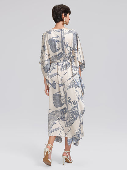 Acetate Satin Nautical Print Dress(Waist Tie Included)