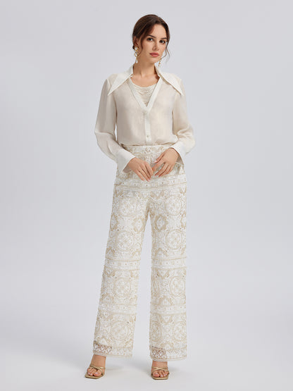 Intricately Embroidered Sequin Straight-Leg Pants