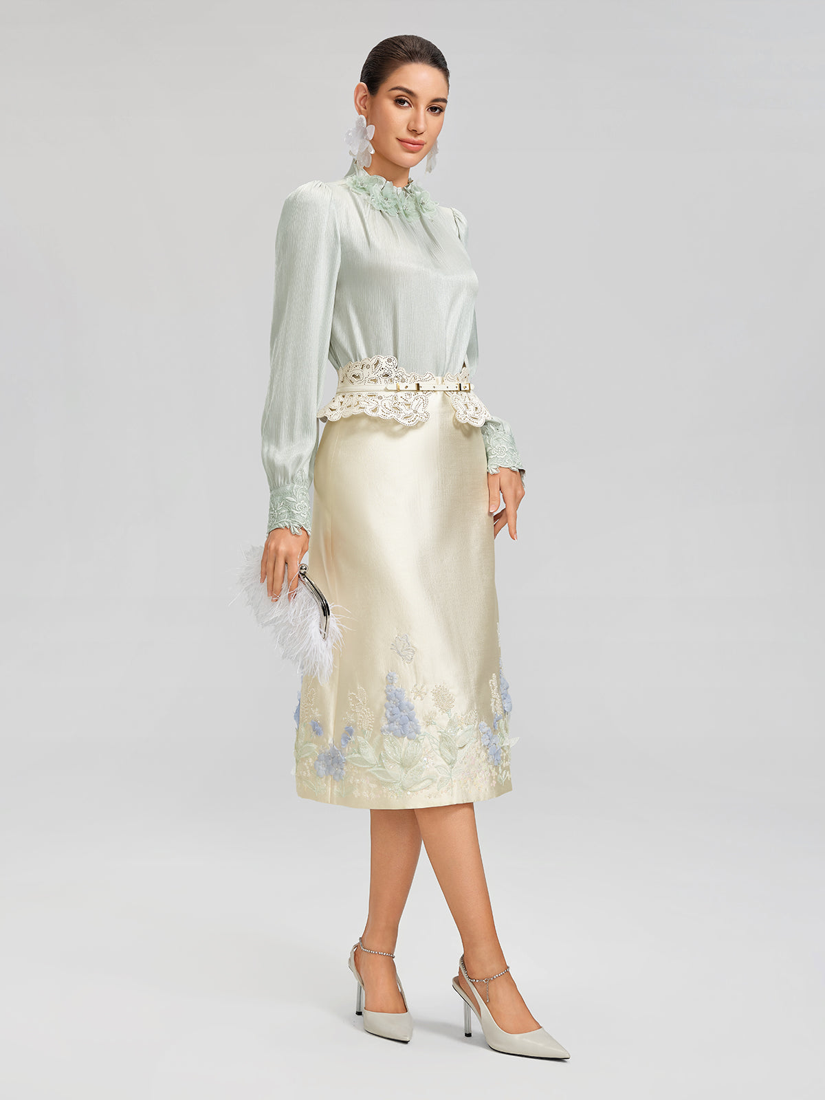 Floral Lace-Trim Puff-Sleeve Top