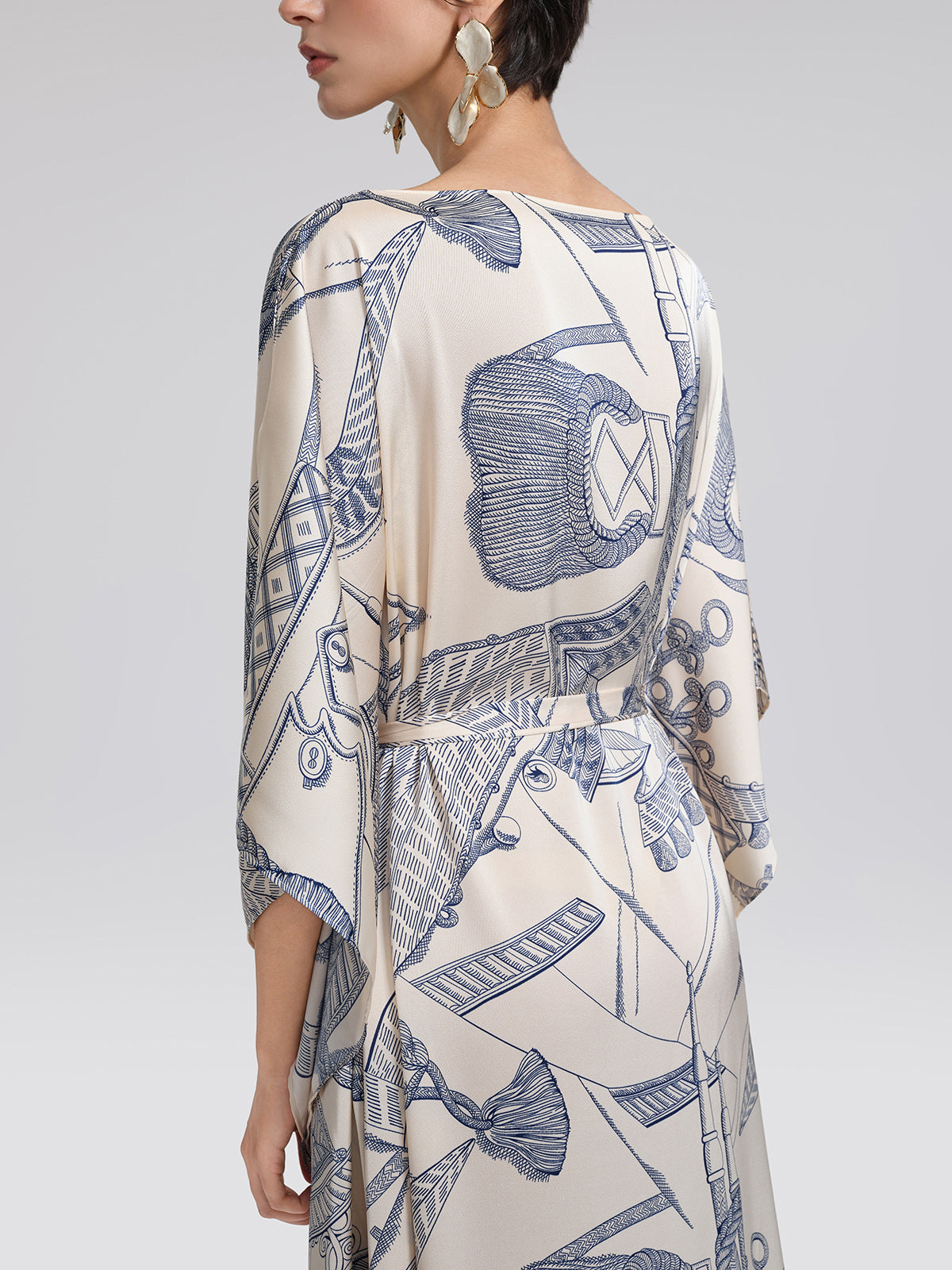 Acetate Satin Nautical Print Dress(Waist Tie Included)