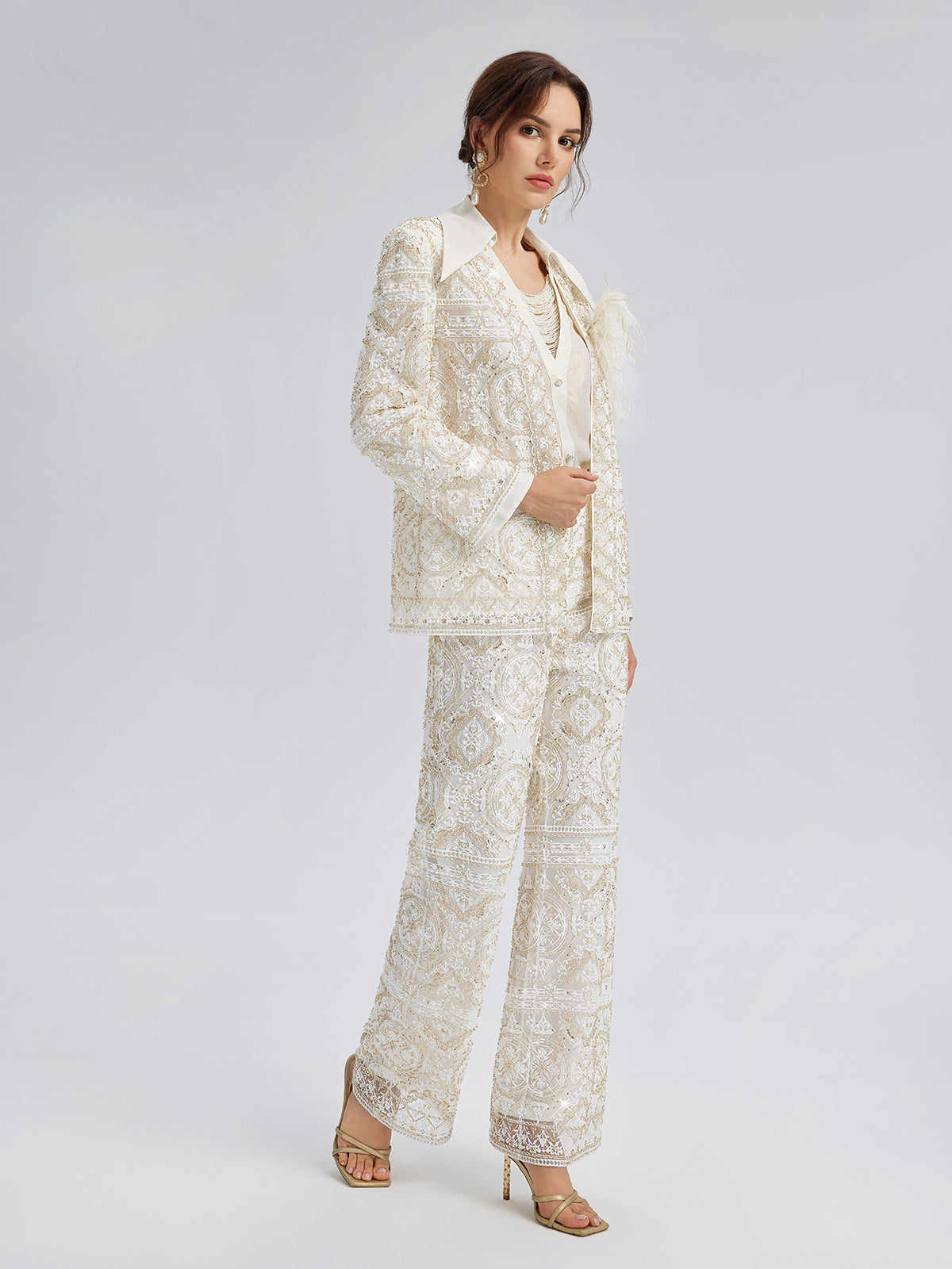 Intricately Embroidered Sequin Straight-Leg Pants