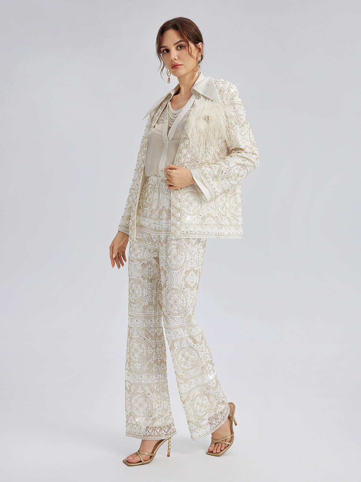Intricately Embroidered Sequin Straight-Leg Pants