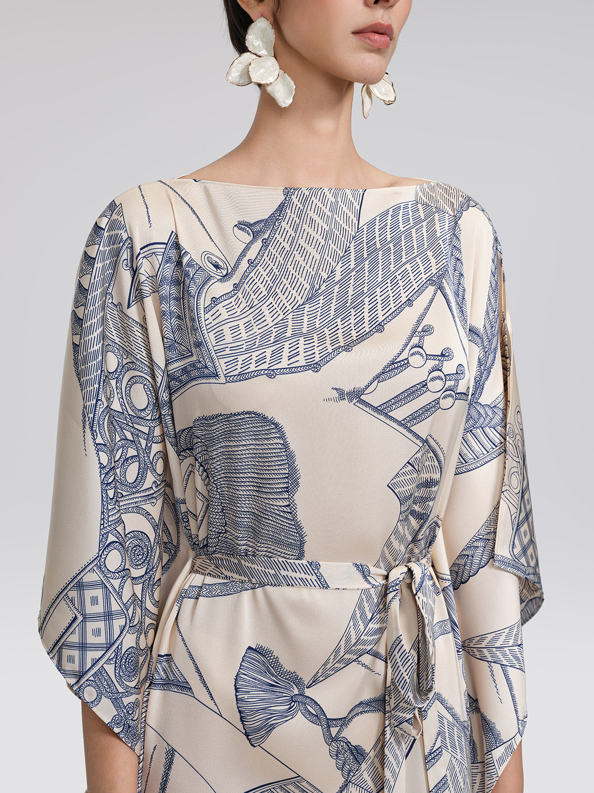 Acetate Satin Nautical Print Dress(Waist Tie Included)