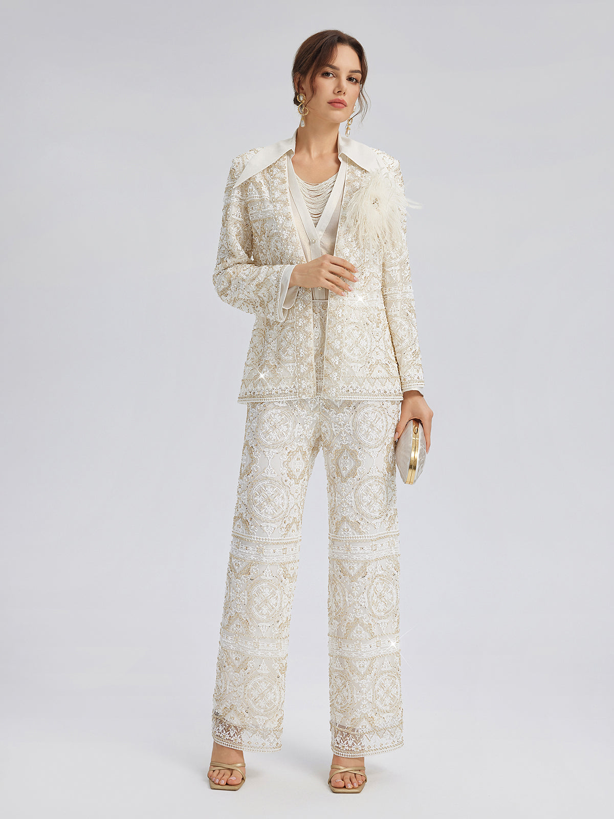 Intricately Embroidered Sequin Straight-Leg Pants