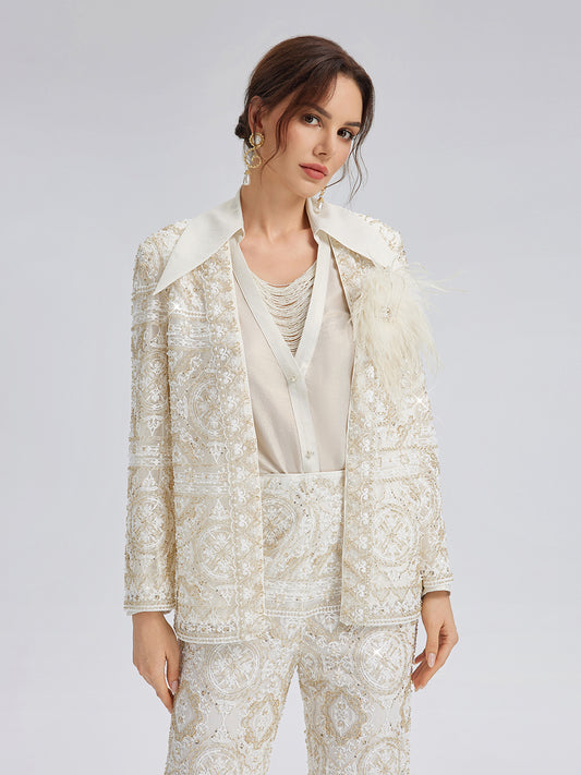 Intricately Embroidered Sequin Jacket (Feather Brooch Included)