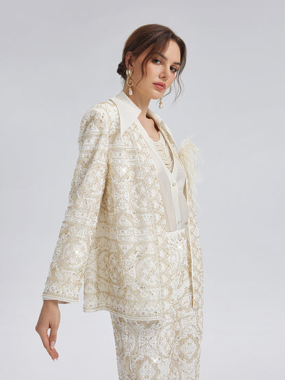 Intricately Embroidered Sequin Jacket (Feather Brooch Included)