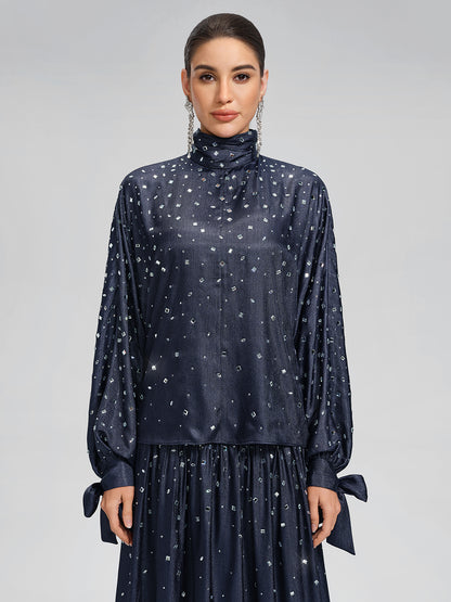 Rhinestone High Neck Satin Top