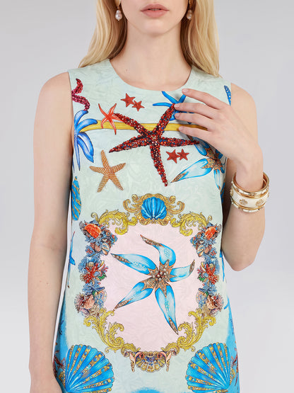 Hand Beaded Ocean Baroque Print Dress