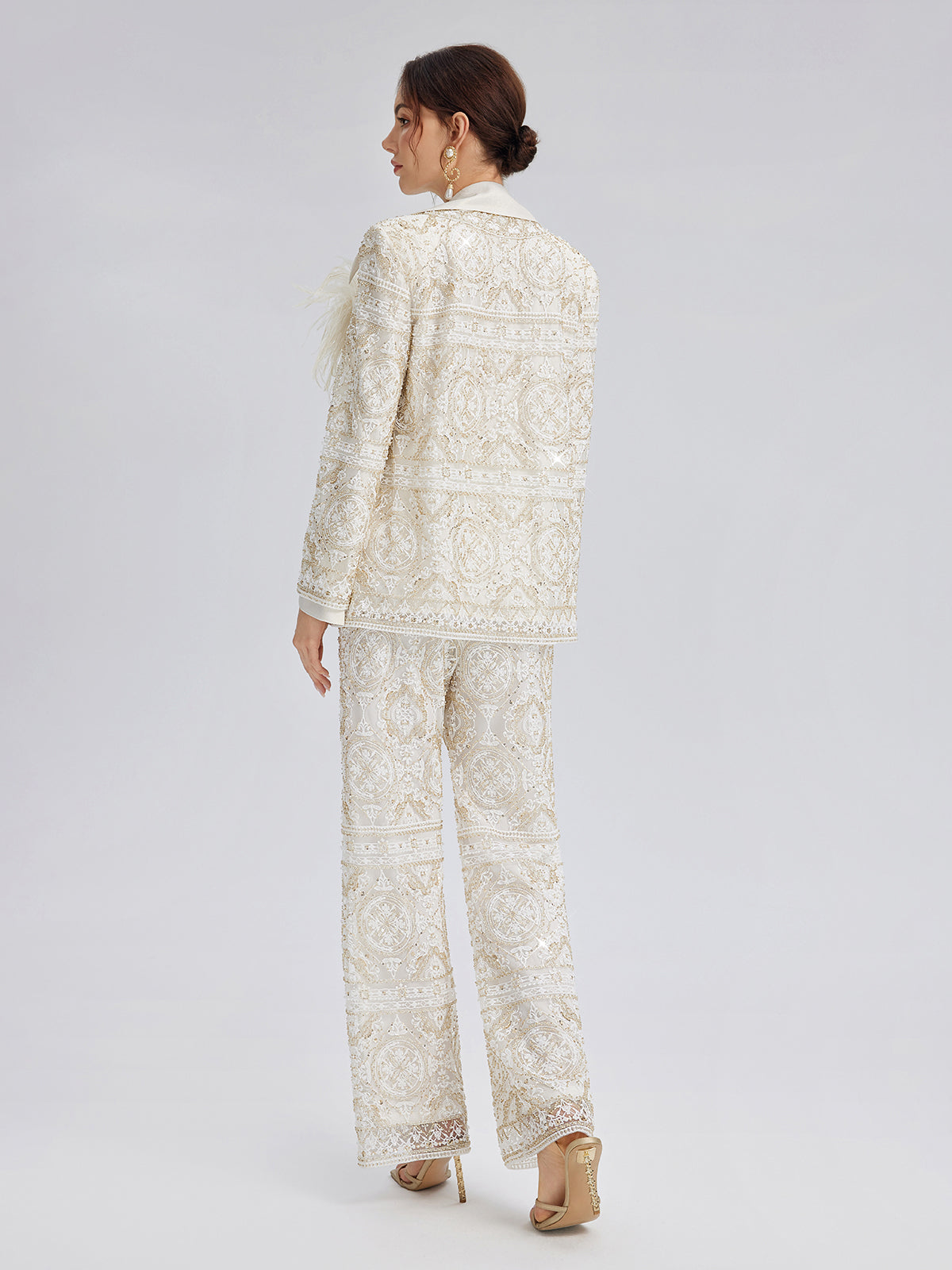 Intricately Embroidered Sequin Straight-Leg Pants