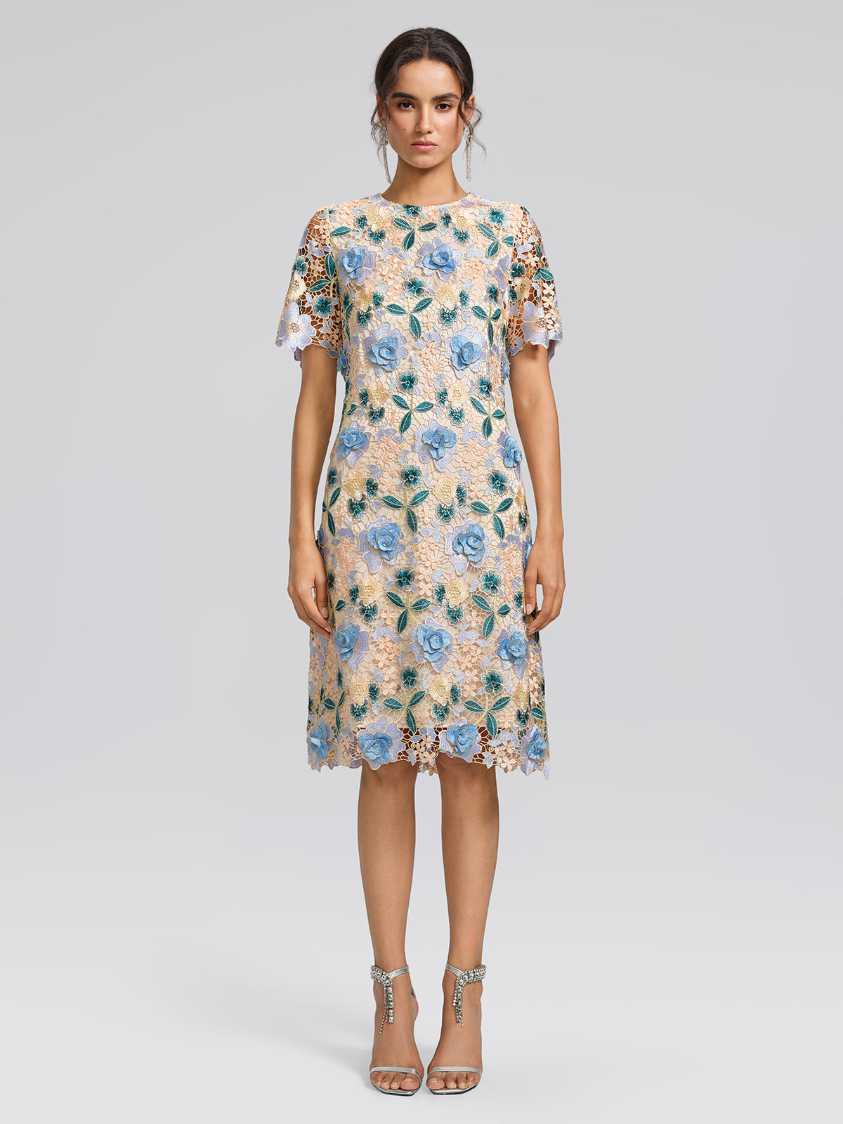 Guipure Lace Floral Leaf-Embellished Dress