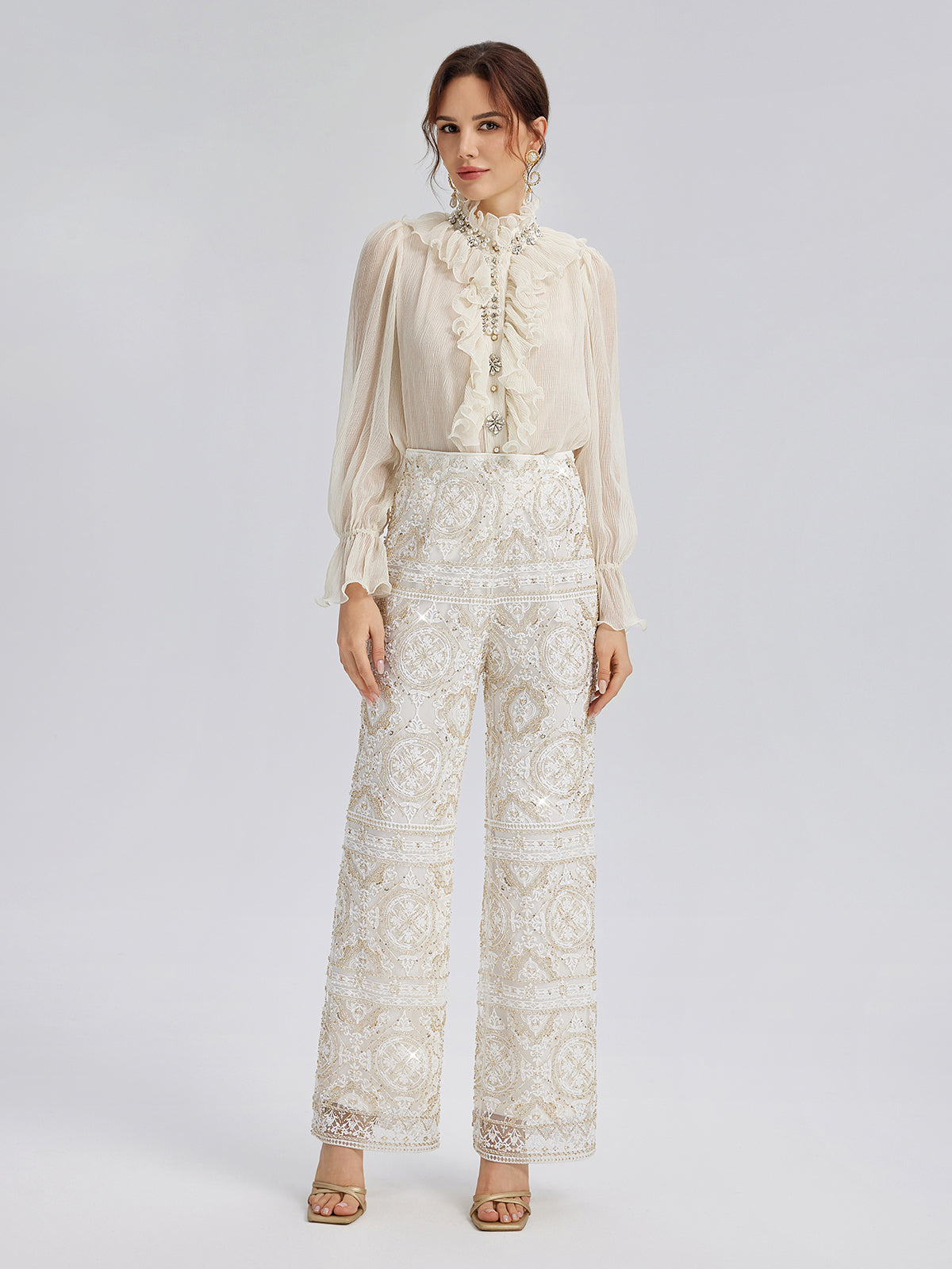 Intricately Embroidered Sequin Straight-Leg Pants