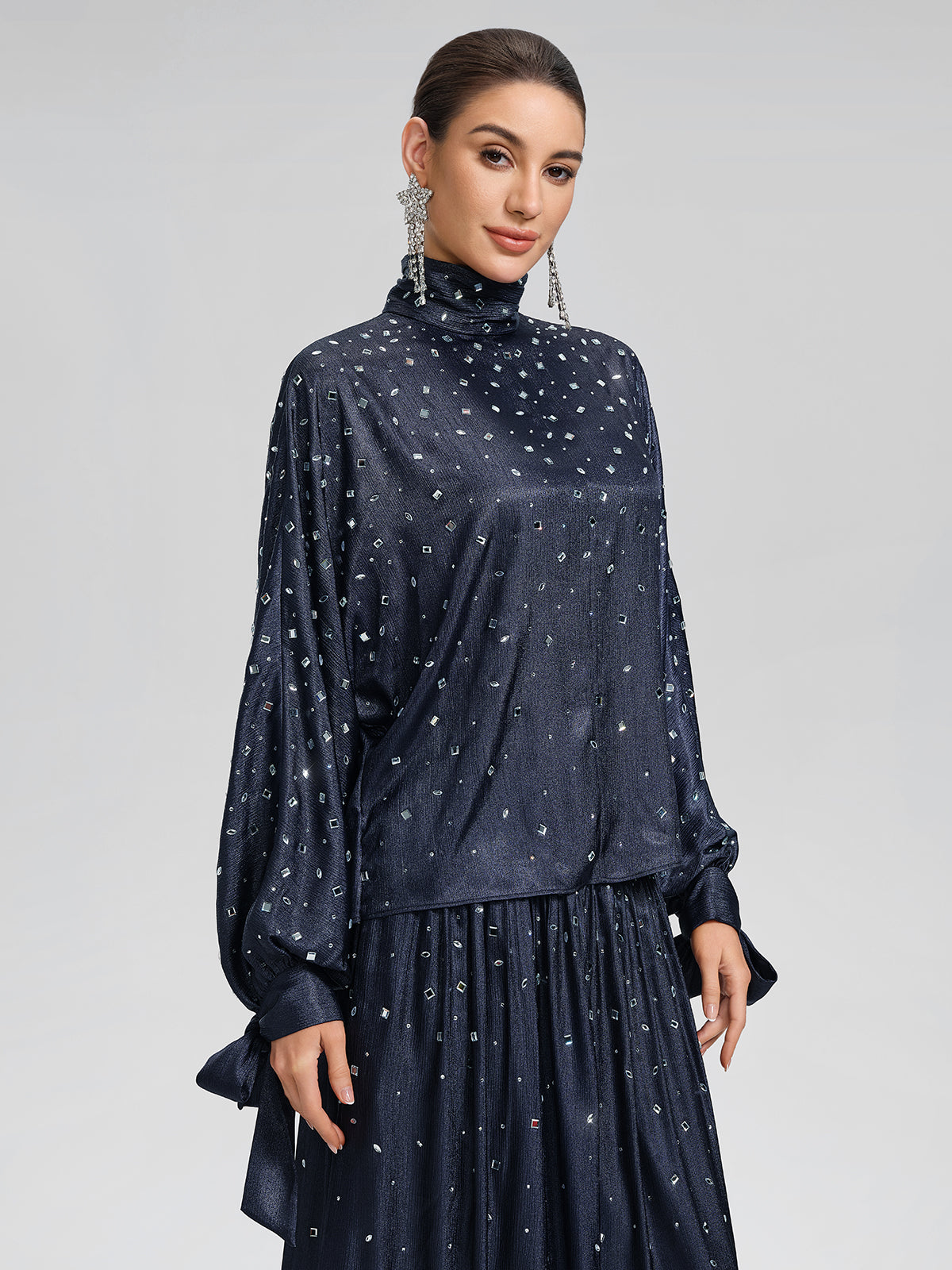 Rhinestone High Neck Satin Top