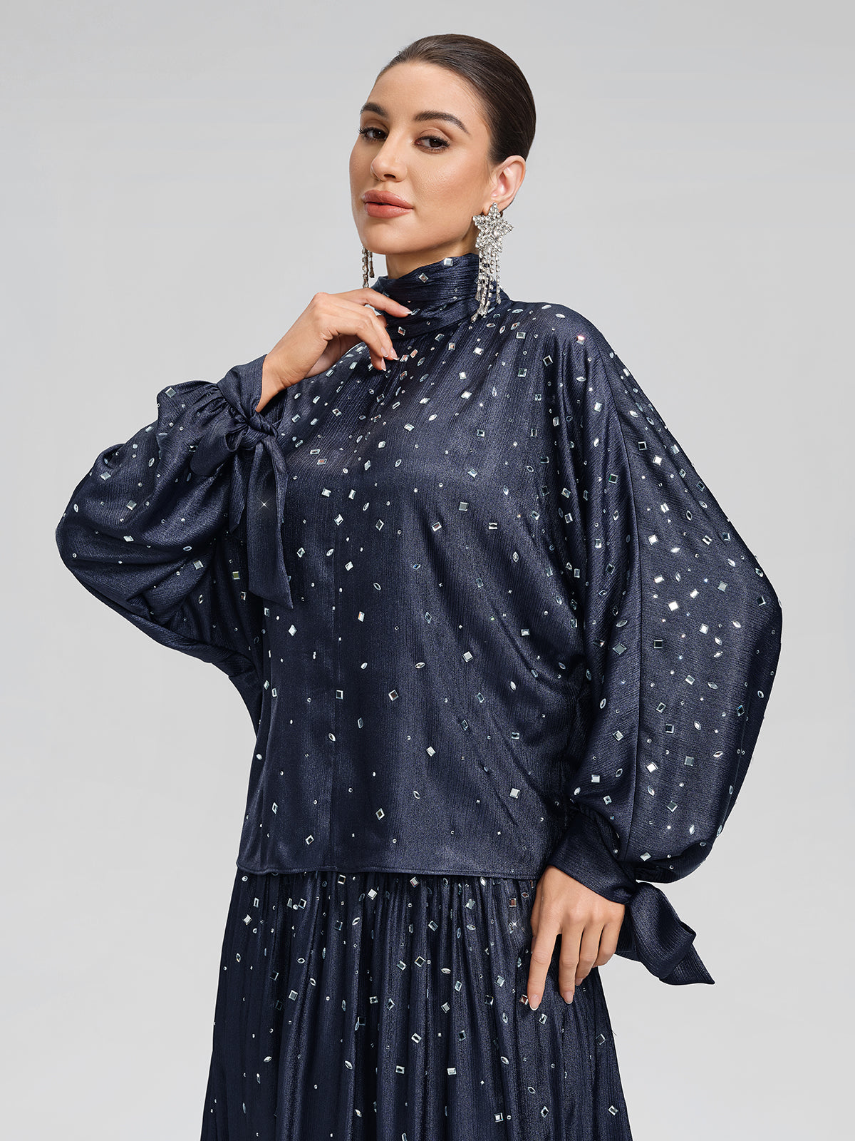 Rhinestone High Neck Satin Top