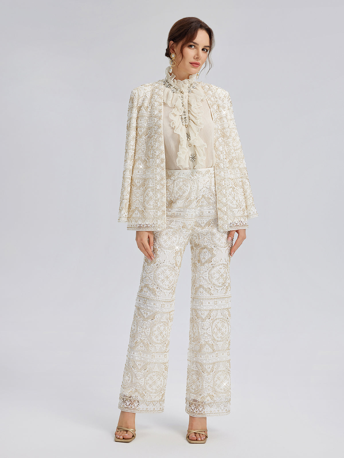 Intricately Embroidered Sequin Straight-Leg Pants