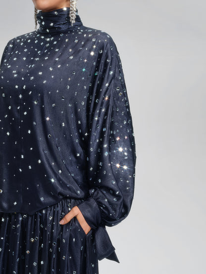 Rhinestone High Neck Satin Top