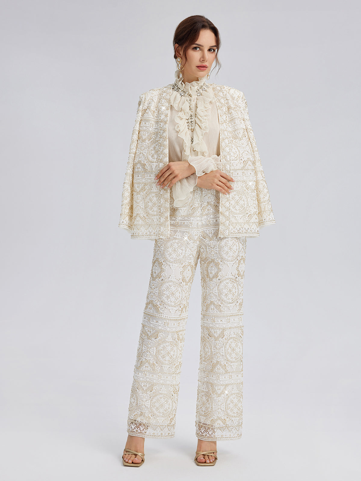 Intricately Embroidered Sequin Straight-Leg Pants