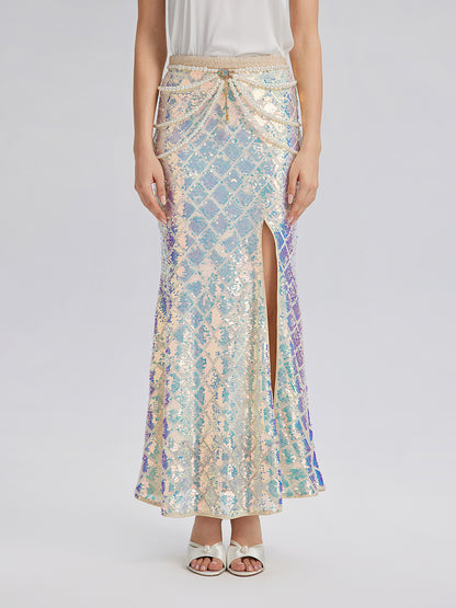 Iridescent Sequin Front-Slit Mermaid Skirt