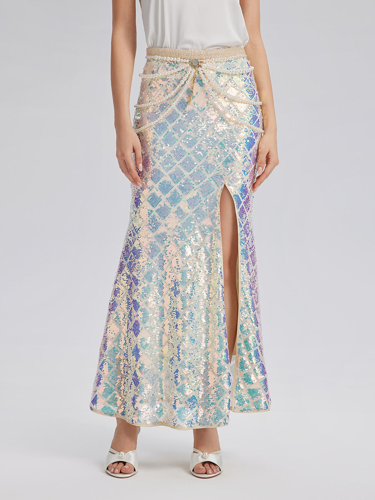 Iridescent Sequin Front-Slit Mermaid Skirt