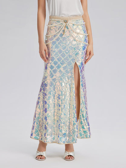Iridescent Sequin Front-Slit Mermaid Skirt