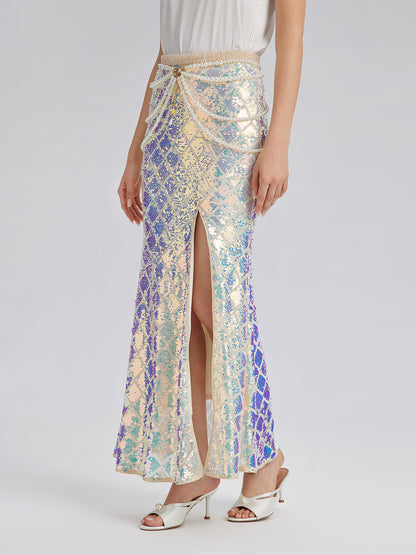 Iridescent Sequin Front-Slit Mermaid Skirt