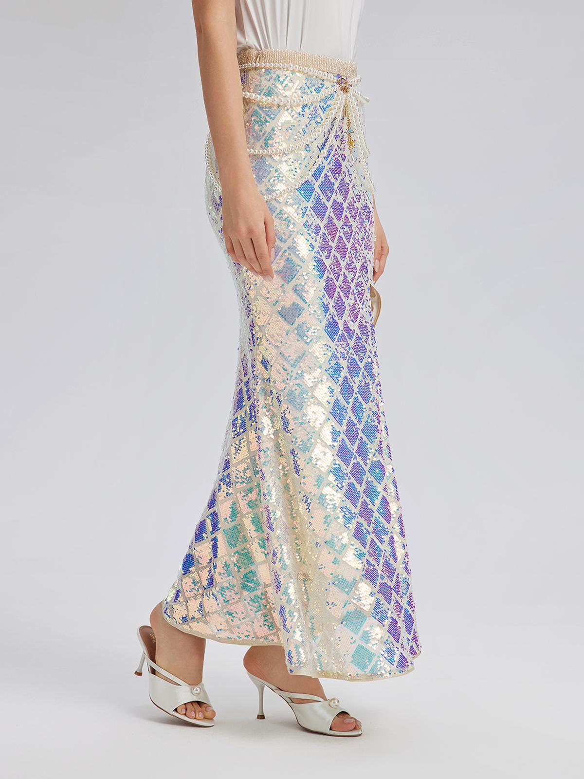 Iridescent Sequin Front-Slit Mermaid Skirt