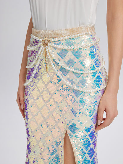 Iridescent Sequin Front-Slit Mermaid Skirt
