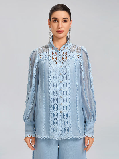 Linen Hand-Beading Trimming Shirt