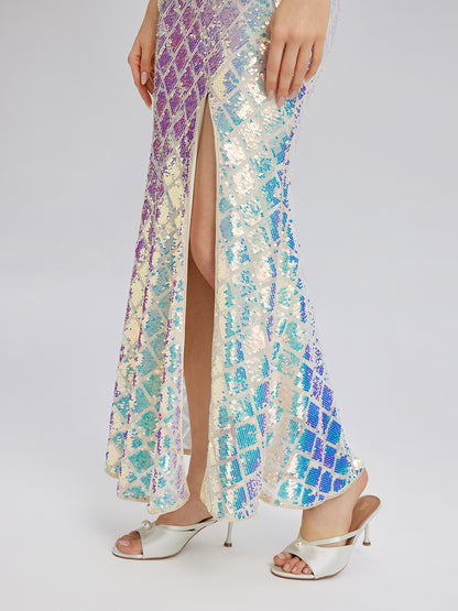 Iridescent Sequin Front-Slit Mermaid Skirt
