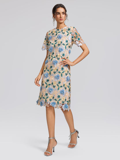 Guipure Lace Floral Leaf-Embellished Dress