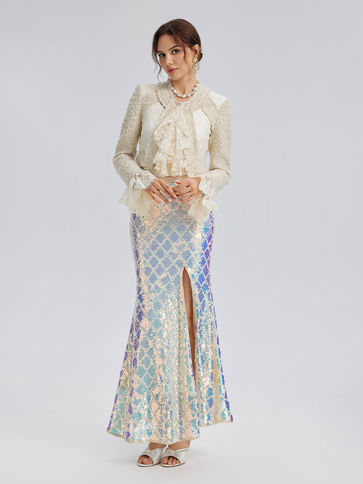 Iridescent Sequin Front-Slit Mermaid Skirt