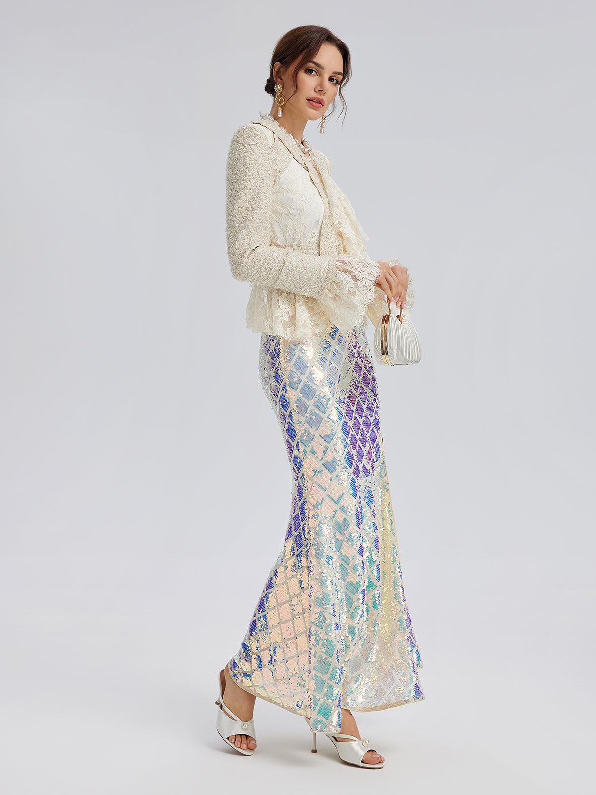 Iridescent Sequin Front-Slit Mermaid Skirt
